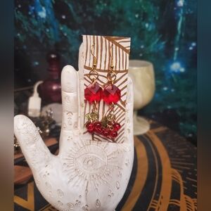 Handmade Red Gem And Cherries Gold Earrings With Sterling Silver Hooks